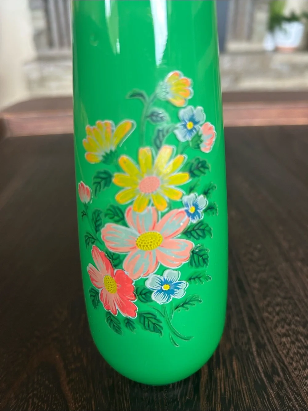 Vintage Emerald Green Art Glass Vase Hand Painted Enamel Floral Gold Trim 9” MCM